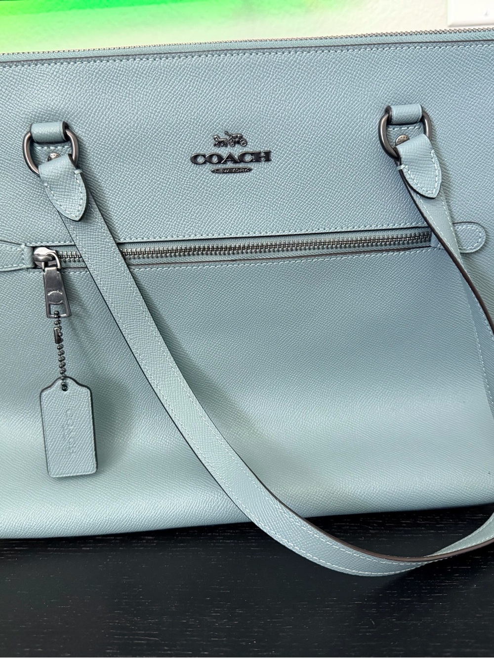 Coach Light Blue Leather Tote with Front Zip and Tag